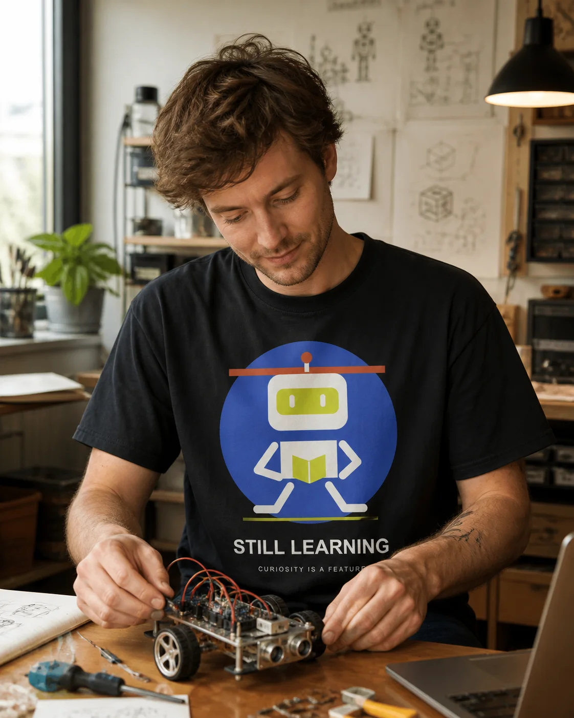 Still Learning AI T-Shirt design preview in Washed black