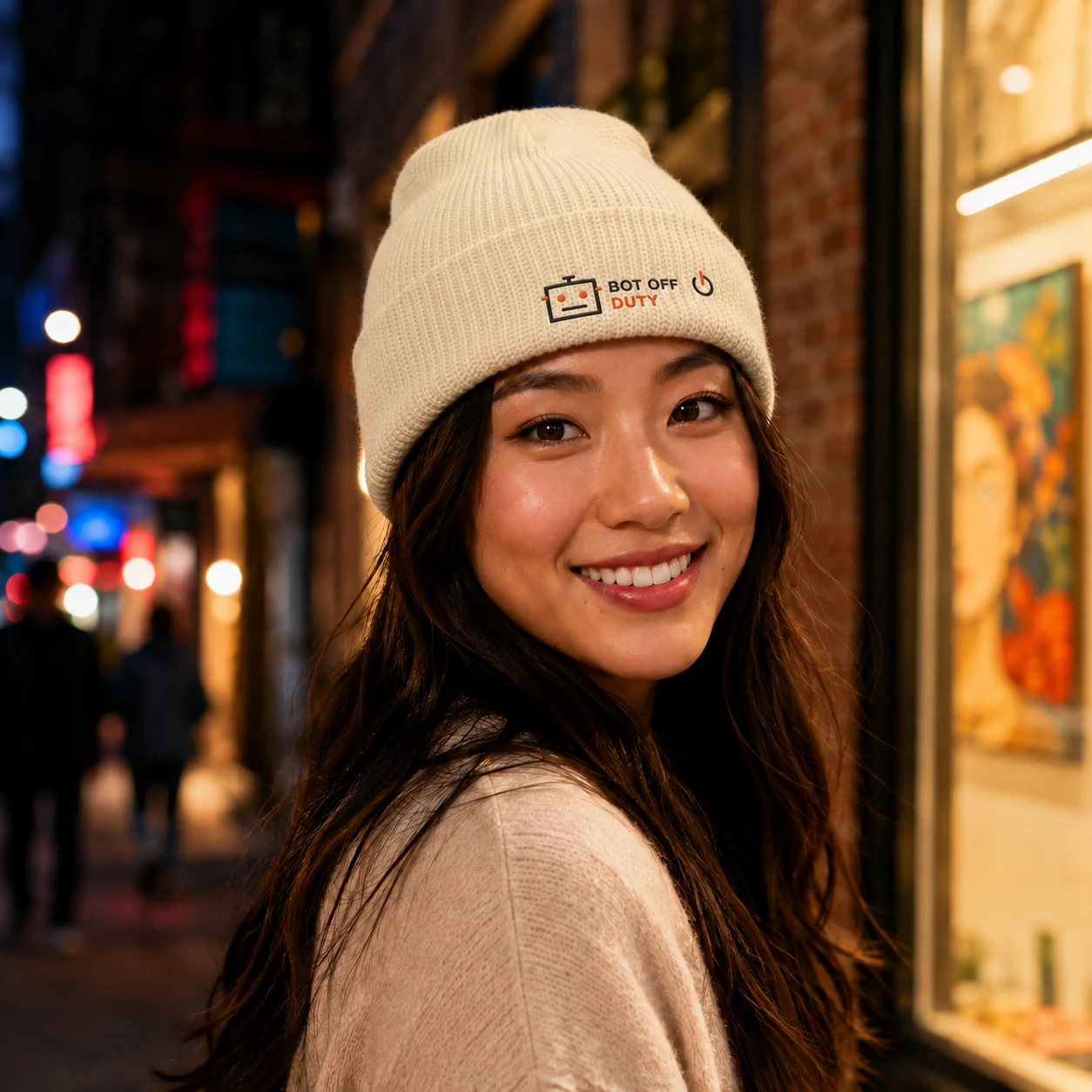 Bot Off Duty Fisherman Beanie | AI-Inspired Embroidered Hat design preview in Bone