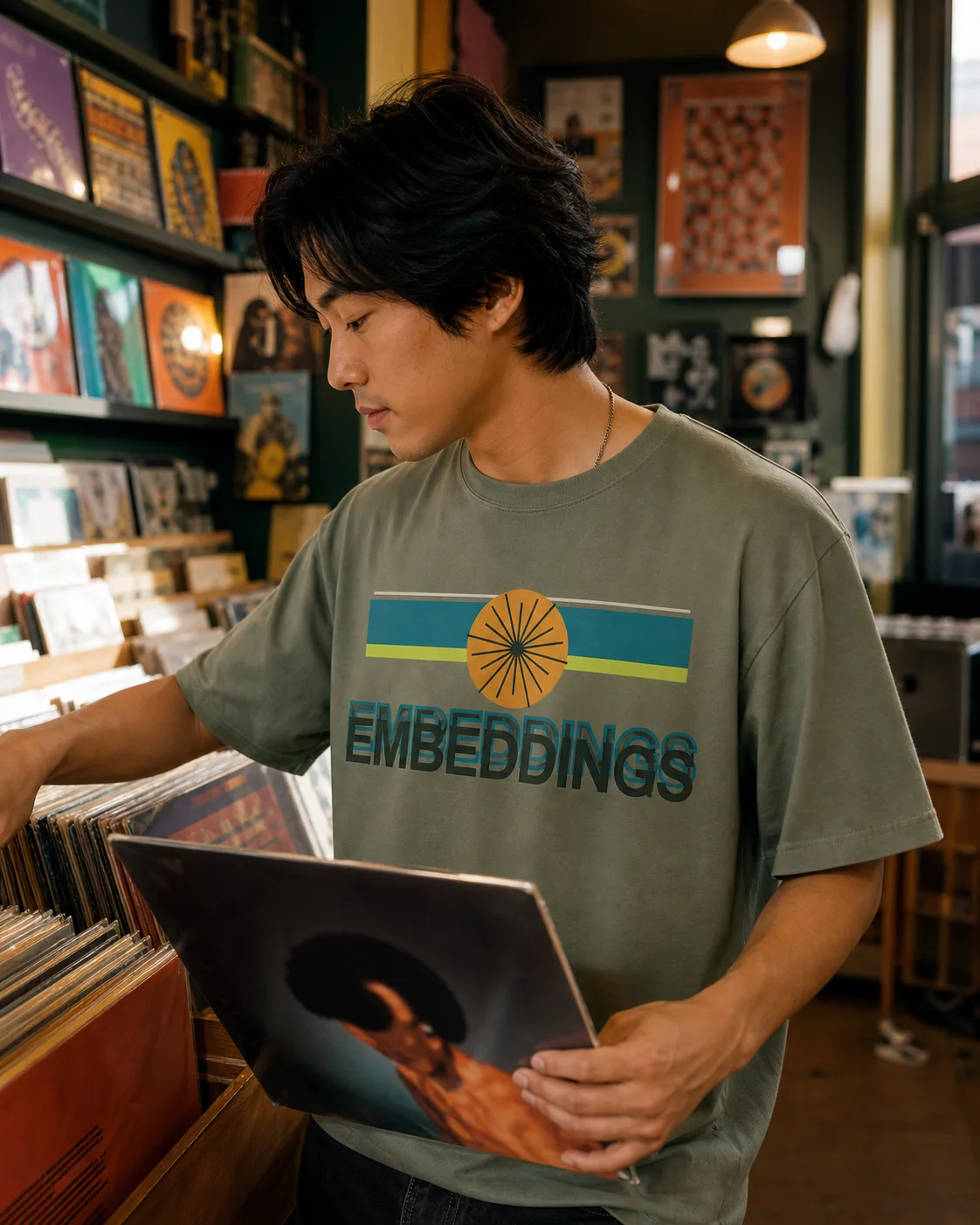 Embeddings AI T-Shirt design preview in Sage