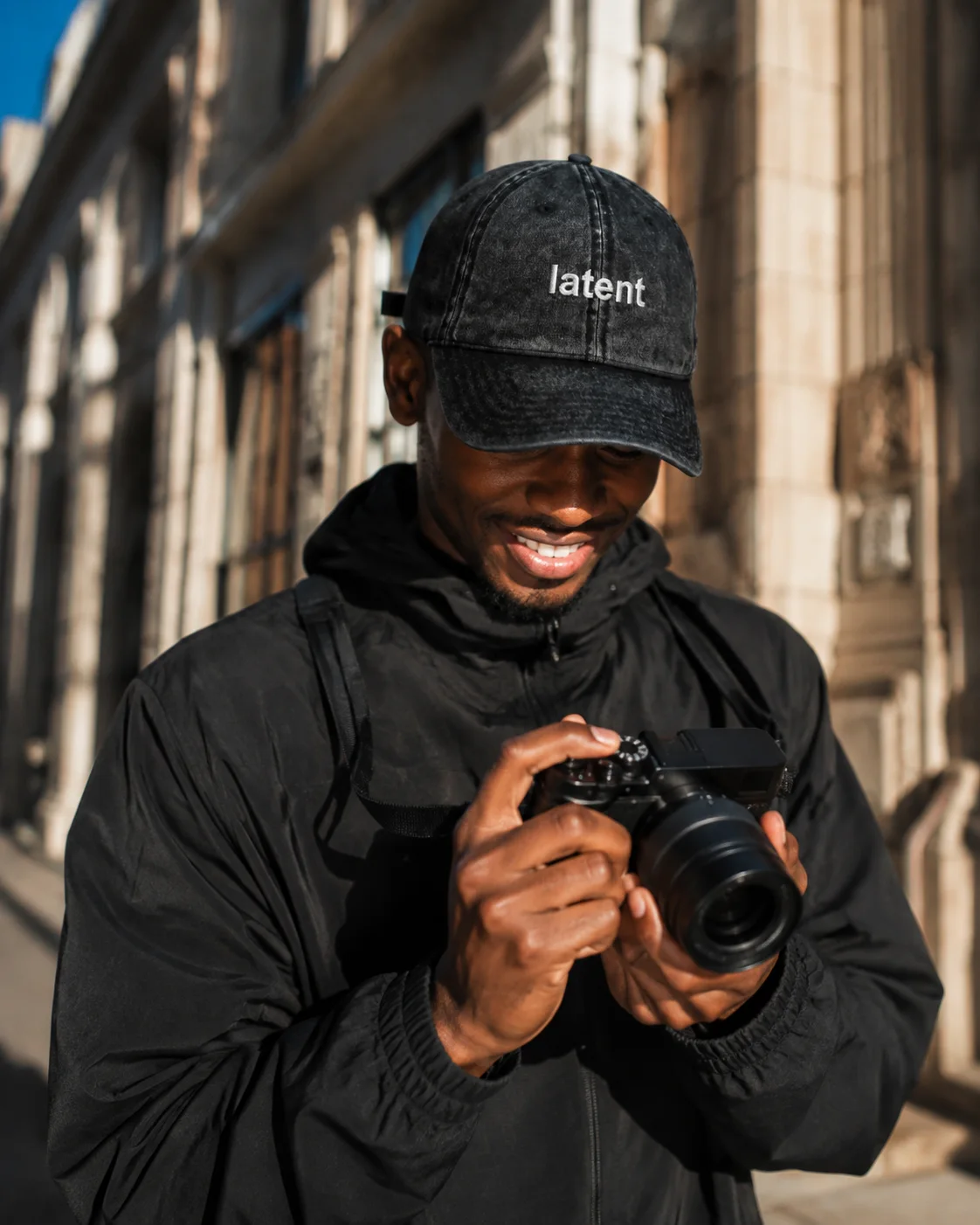 Latent Cap | AI-Inspired Embroidered Hat design preview in Washed black