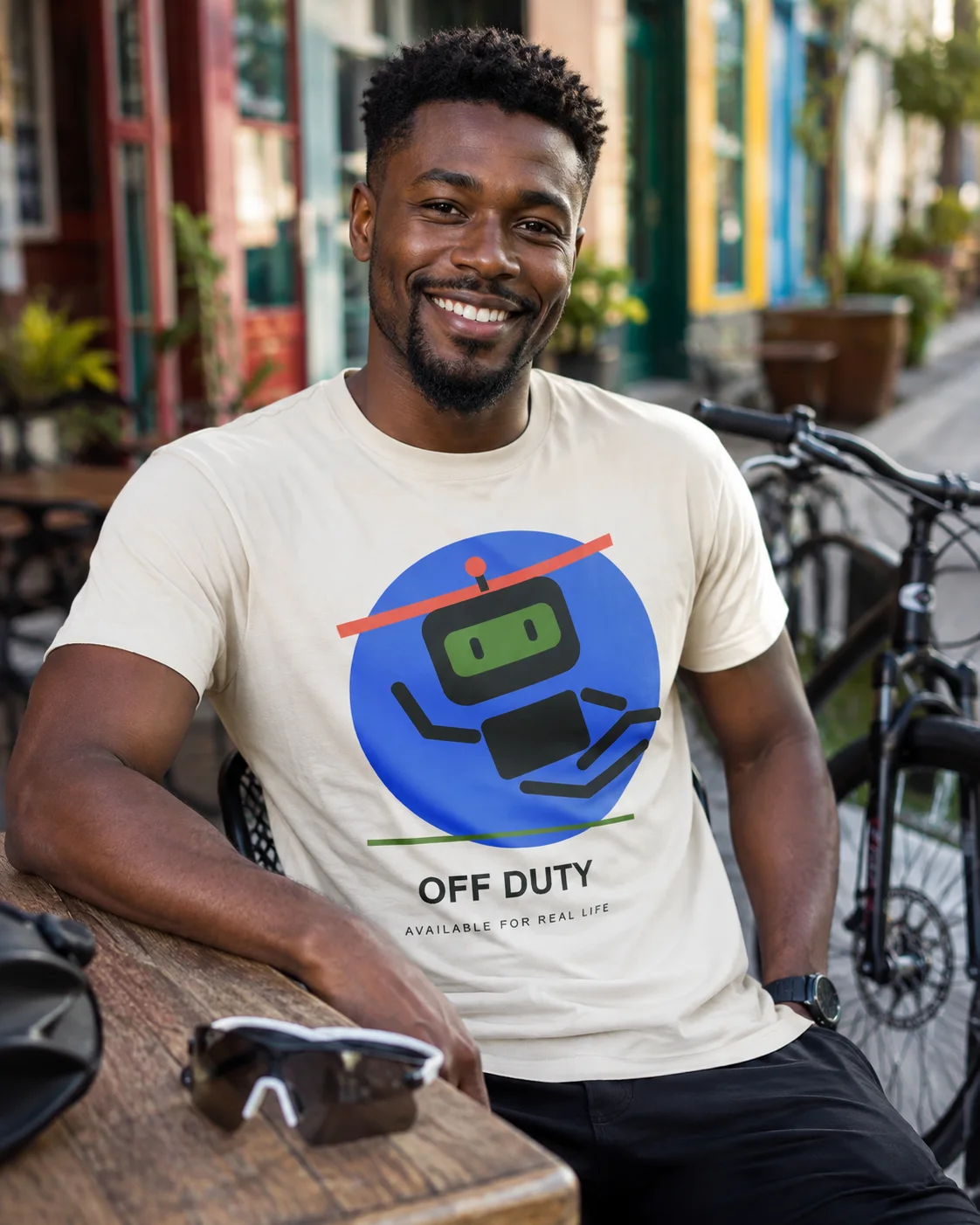 Off Duty AI T-Shirt design preview in Bone