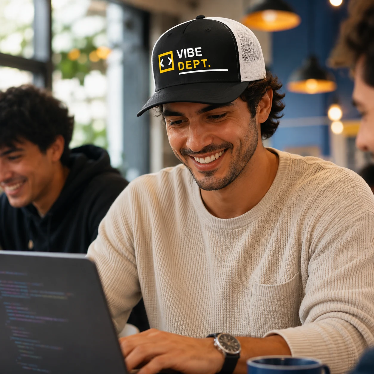 Vibe Dept. embroidered AI coding trucker hat worn at a cafe